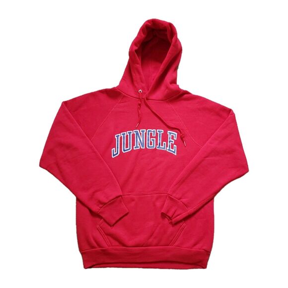 Vintage 80s Jungle Size Medium USA Made Mens Red Hoodie Spellout Varsity Discus - Picture 1 of 5